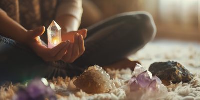 Close-up of woman's hands holding a glowing crystal. She is surrounded by other crystals and gemstones. The background is soft and out of focus.
